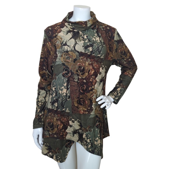 Velour Tunic Top Patchwork Cowl Neck Asymmetrical Hem Boho Artsy Fall SZ Lrg - Picture 3 of 14